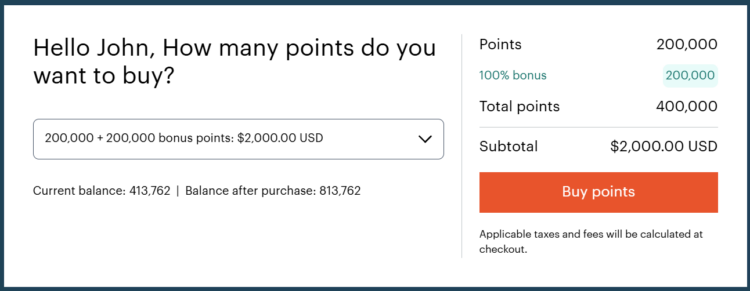 Screenshot of purchasing 400,000 IHG points for $2,000