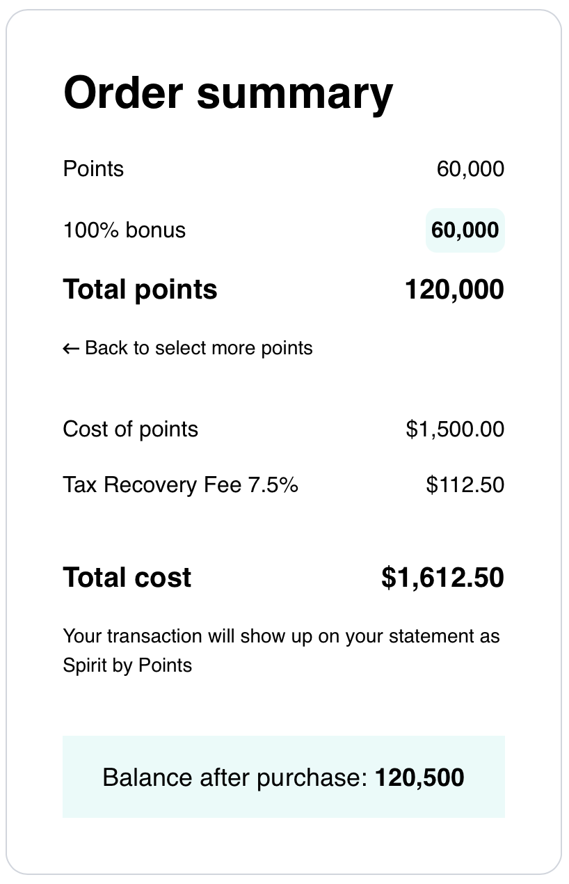 Spirit Airlines buy points bonus receipt.