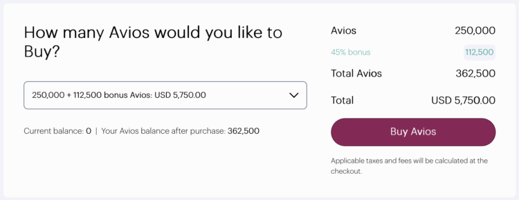 Qatar Airways buy Avios selection tool.