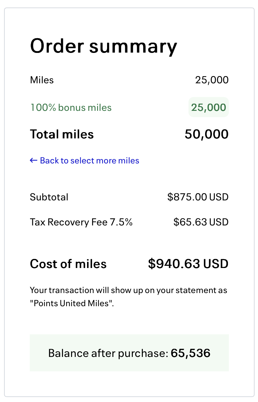 United Buy Miles receipt.