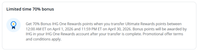 Banner with details of Chase 70% transfer bonus to IHG