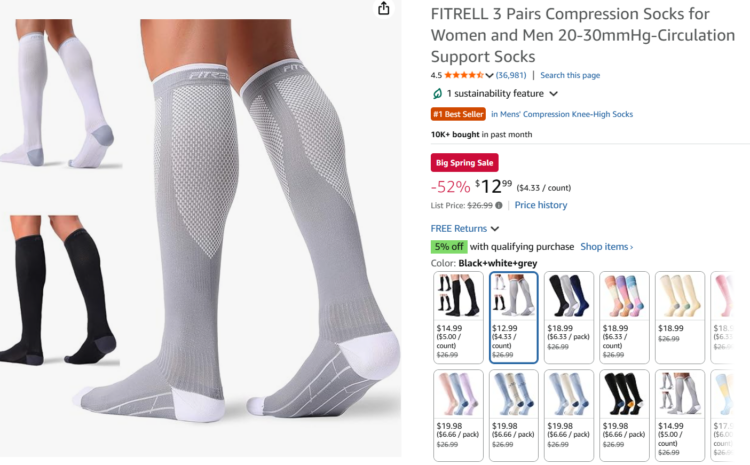 Screenshot of Amazon page for a three-pack of compression socks