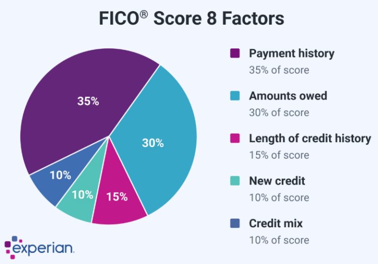 A pie chart shows the factors that affect credit score.