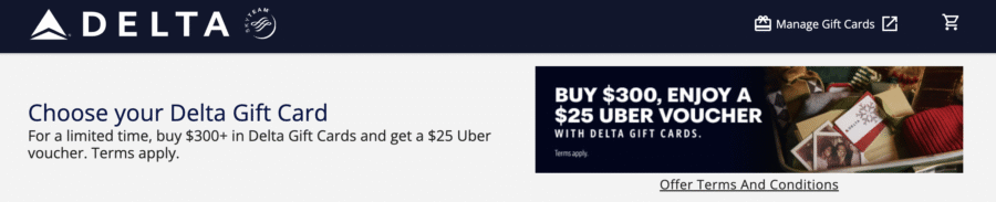 Delta gift card / Uber voucher promo banner.