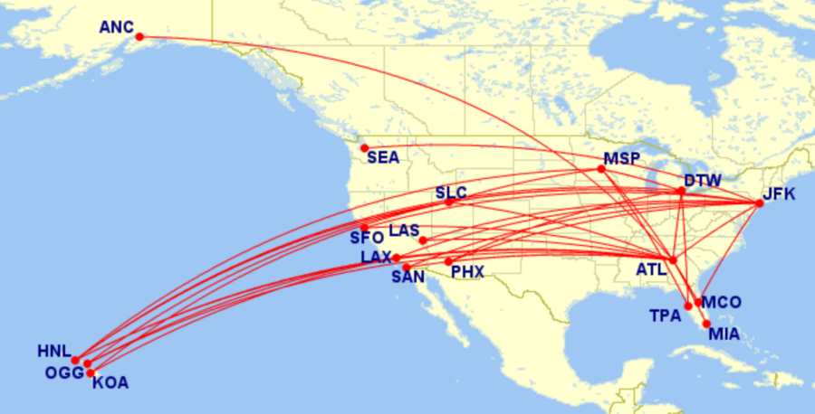 Map of all Delta domestic lay-flat routes for February 2026