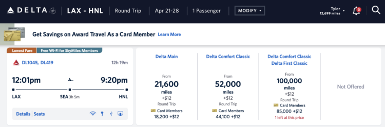 Delta award from LAX to HNL