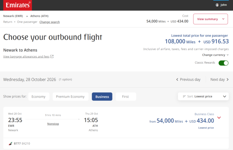 Emirates round-trip business class award from Newark to Athens for 108,000 Skywards miles