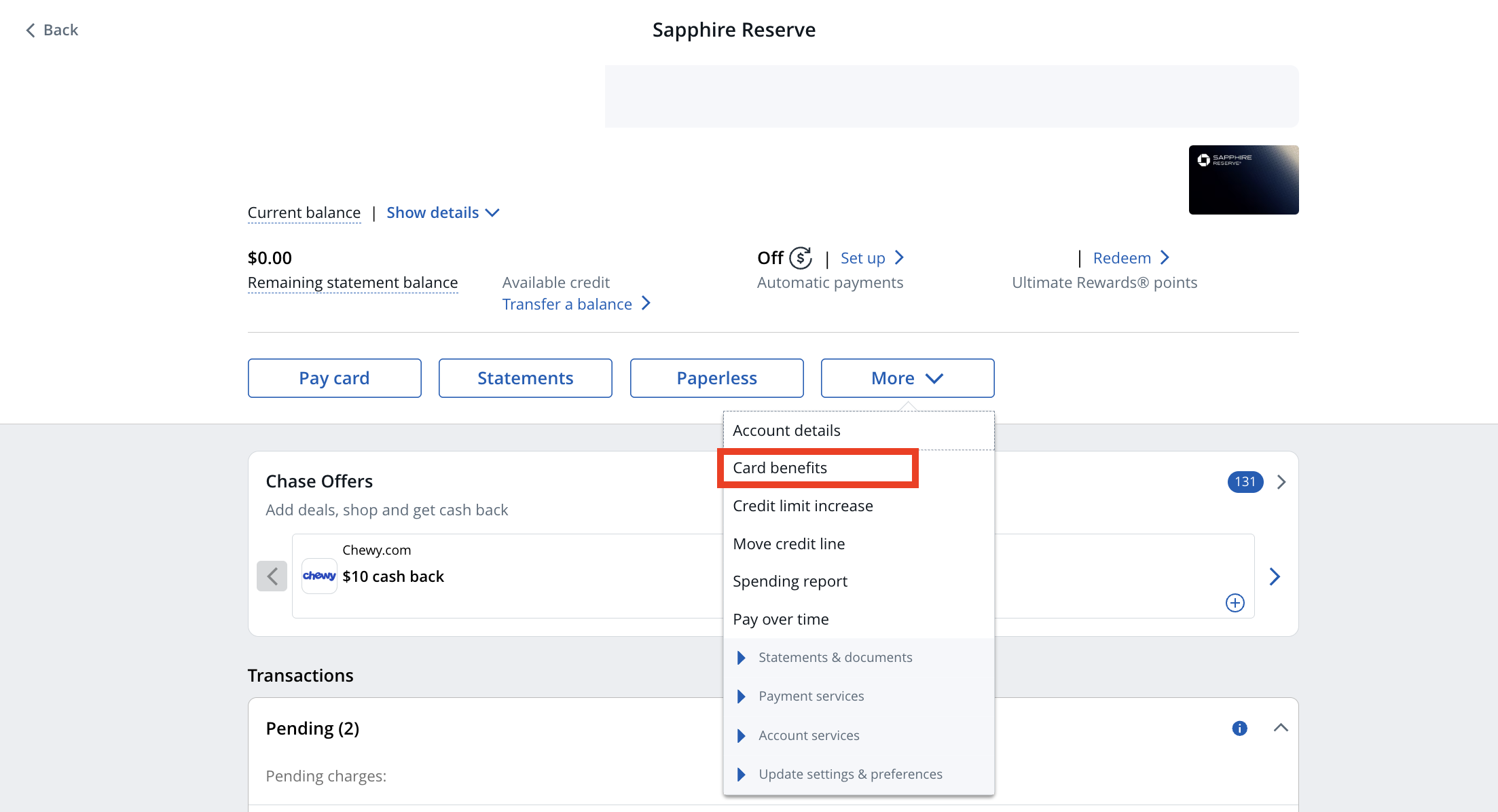 Finding the card benefits page on Chase website