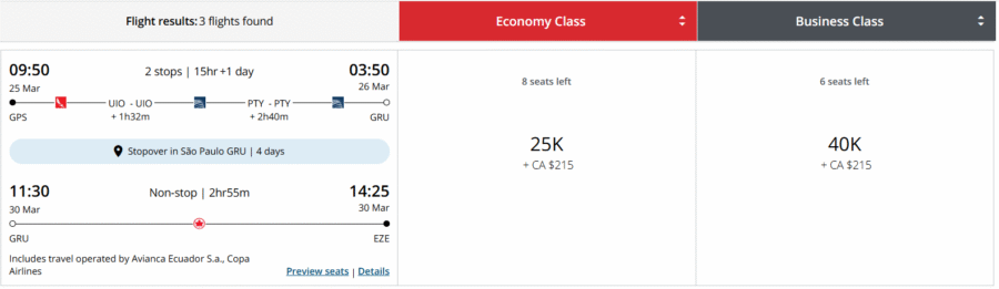 Aeroplan stopover award for GPS to EZE via GRU