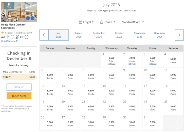 Award calendar for the Hyatt Place Durham/Southpoint. 
