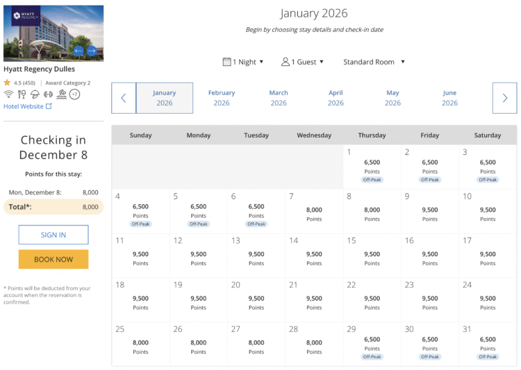 Award calendar for the Hyatt Regency Dulles.