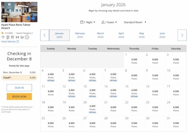 Award calendar for the Hyatt Place Reno-Tahoe Airport