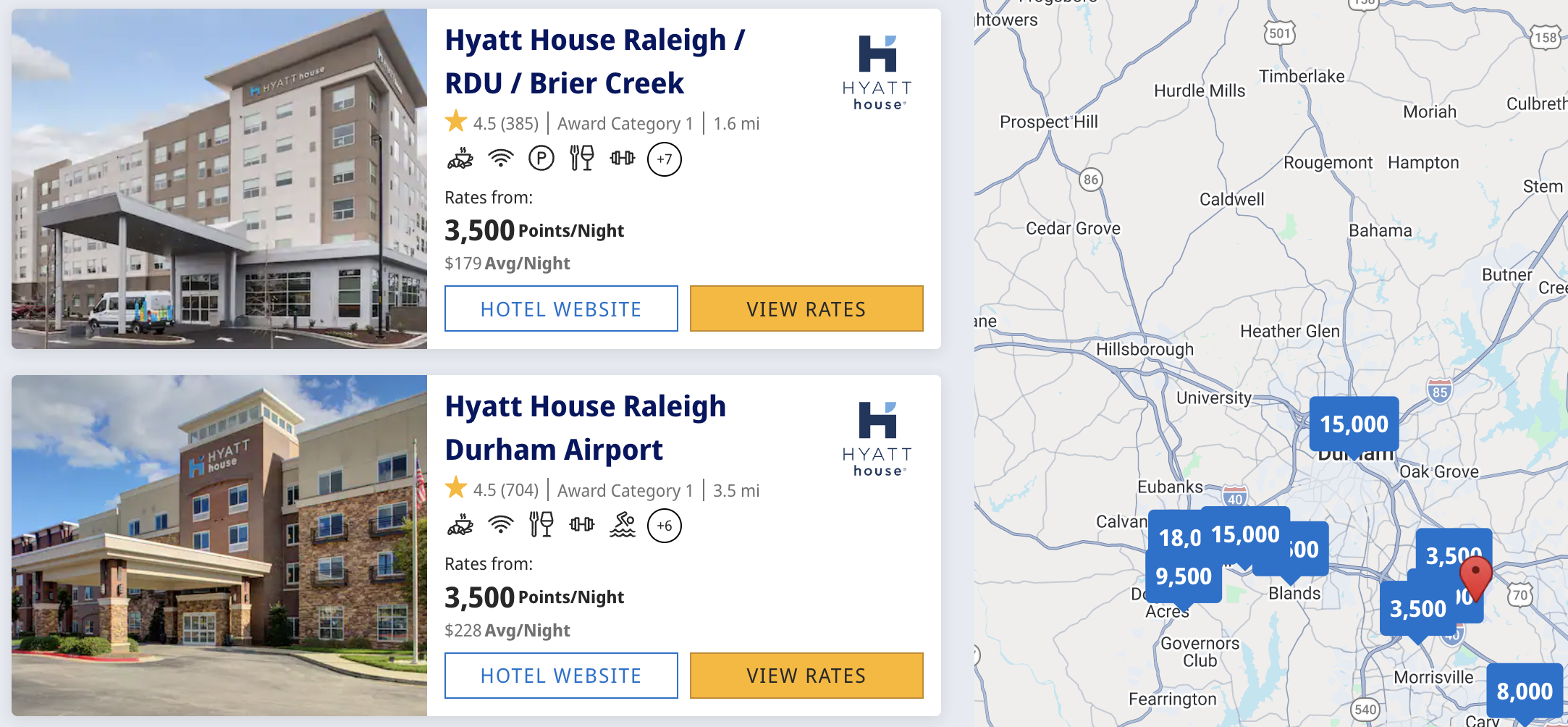 Award rates at RDU Airport hotels.