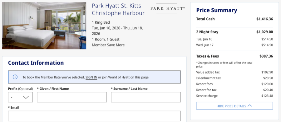 Park Hyatt St. Kitts Christophe Harbour cash booking