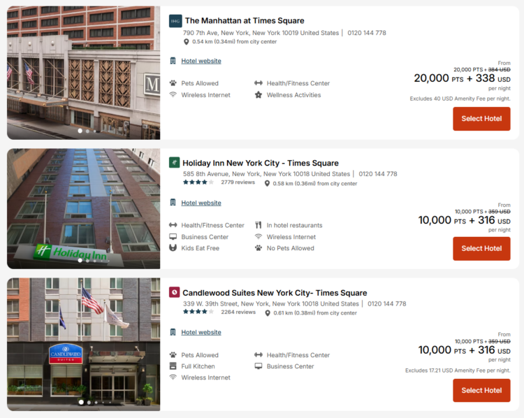 Screenshot of IHG award search results for New York City showing IHG Points and Cash discount