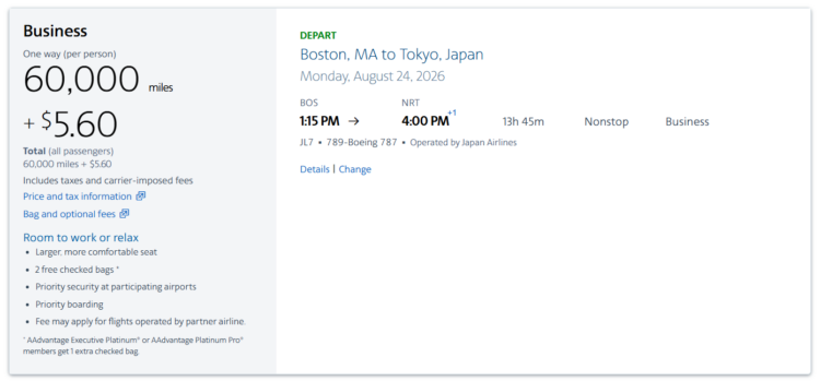 Screenshot of AAdvantage award search results for Japan Airlines business class for 60,000 AAdvantage miles from Boston to Tokyo