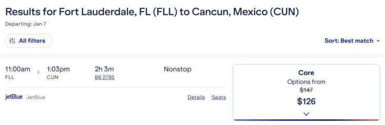 JetBlue FLL to CUN Flight Example January 2026