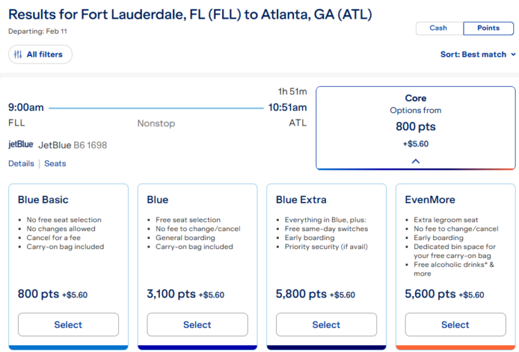 Screenshot of JetBlue award pricing from Fort Lauderdale to Atlanta from 800 points 