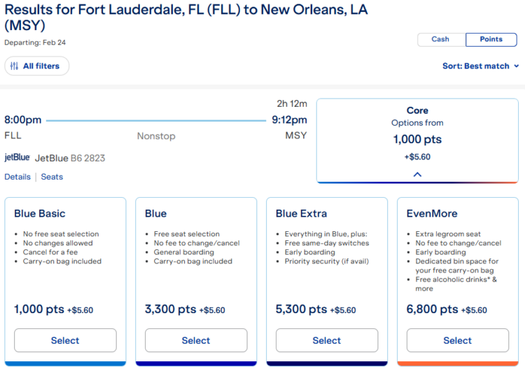 Screenshot of JetBlue award pricing from Fort Lauderdale to New Orleans from 1,000 points