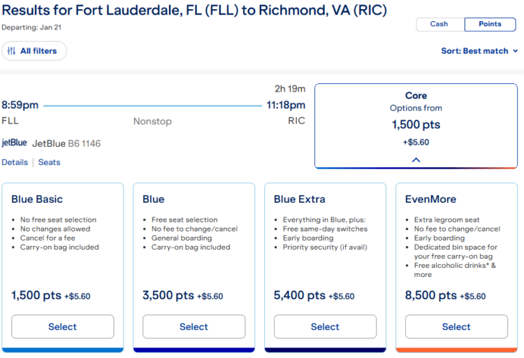 Screenshot of JetBlue award pricing from Fort Lauderdale to Richmond from 1,500 points