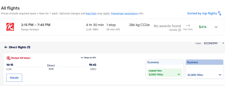 A comparison of a cash price for an intra-Africa flight with an award ticket.
