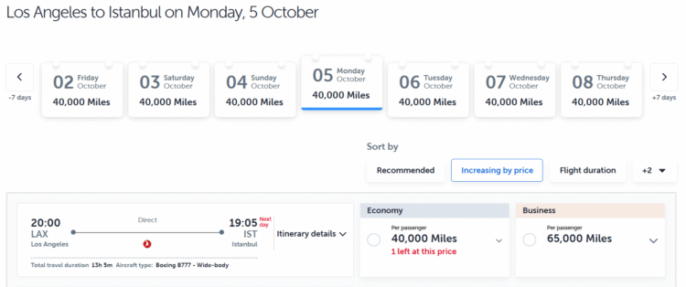 Turkish Airlines saver award pricing from Los Angeles to Istanbul