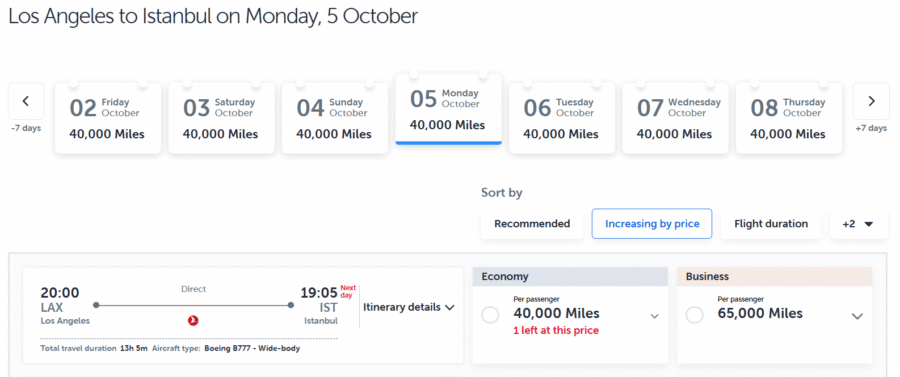 Turkish Airlines saver award pricing from Los Angeles to Istanbul