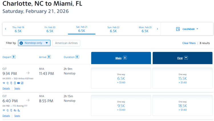 Screenshot showing AAdvantage award search results from Miami to Charlotte in lay-flat first class using AAdvantage miles