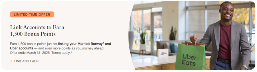 Promotion banner to earn 1,500 bonus points when you link your Uber and Marriott accounts