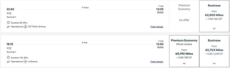 Miles & More awards from YYZ to WAW.