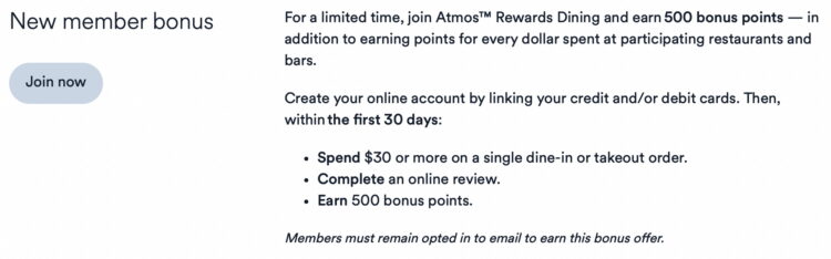 Screenshot of the Atmos Rewards Dining Program website showing the new member bonus