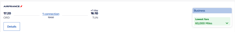 A screen shot of a flight from ORD to TUN on Air France bookable in business class for 60K miles.