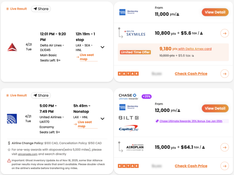 PointsYeah results for LAX to HNL