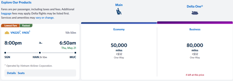 A screenshot shows a Delta flight bookable with miles from SGN to MUC.