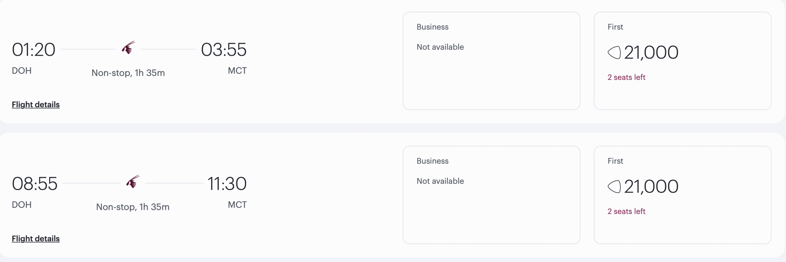 A screenshot of flights from DOH to MCT using 21,000 Avios in First Class