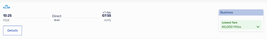 A screenshot of a flight from PDX to AMS in business for 60,000 miles