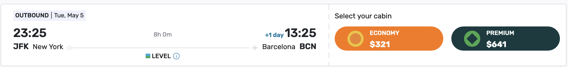 A screenshot of a flight from JFK to BCN on LEVEL