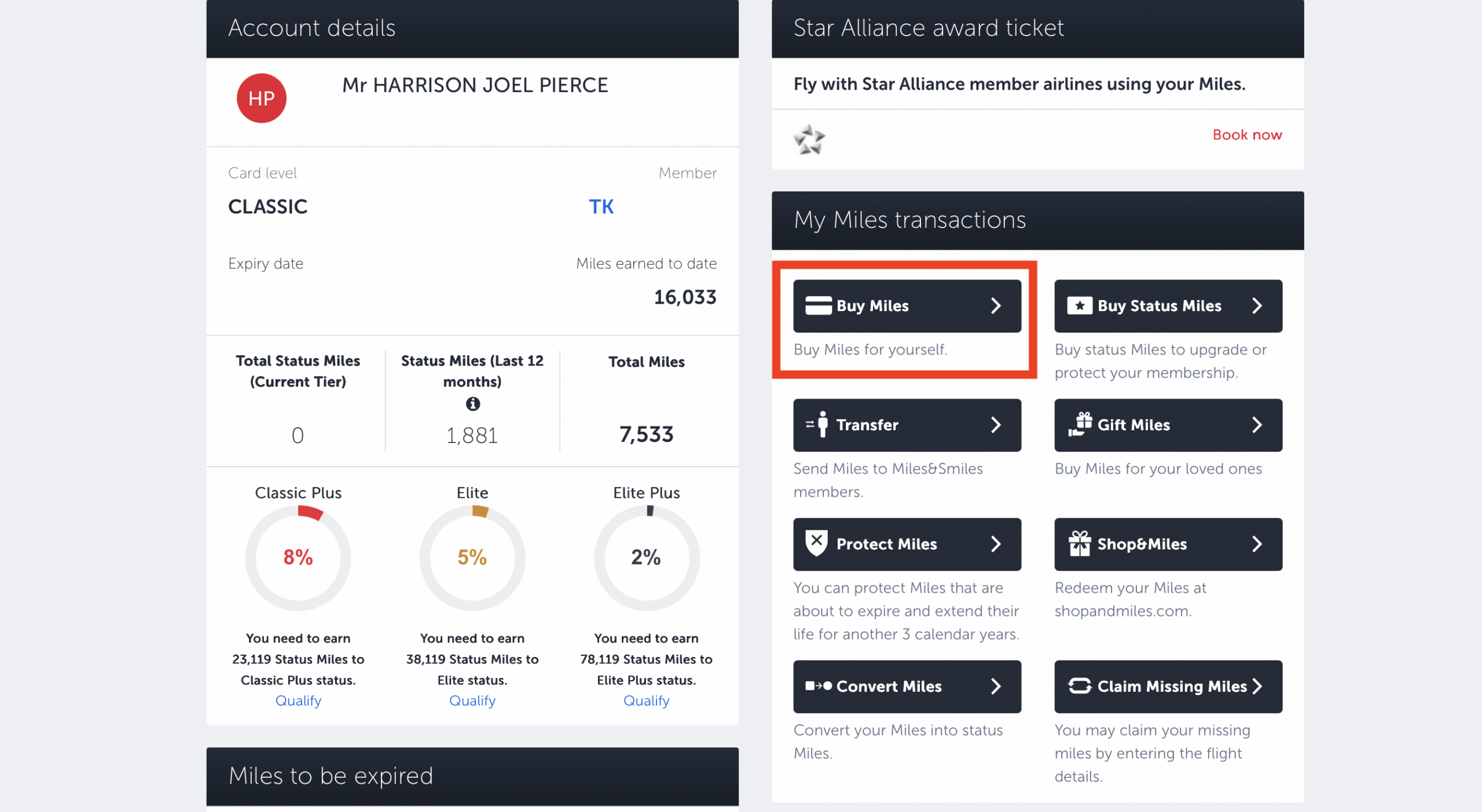 Turkish Airlines buy miles page