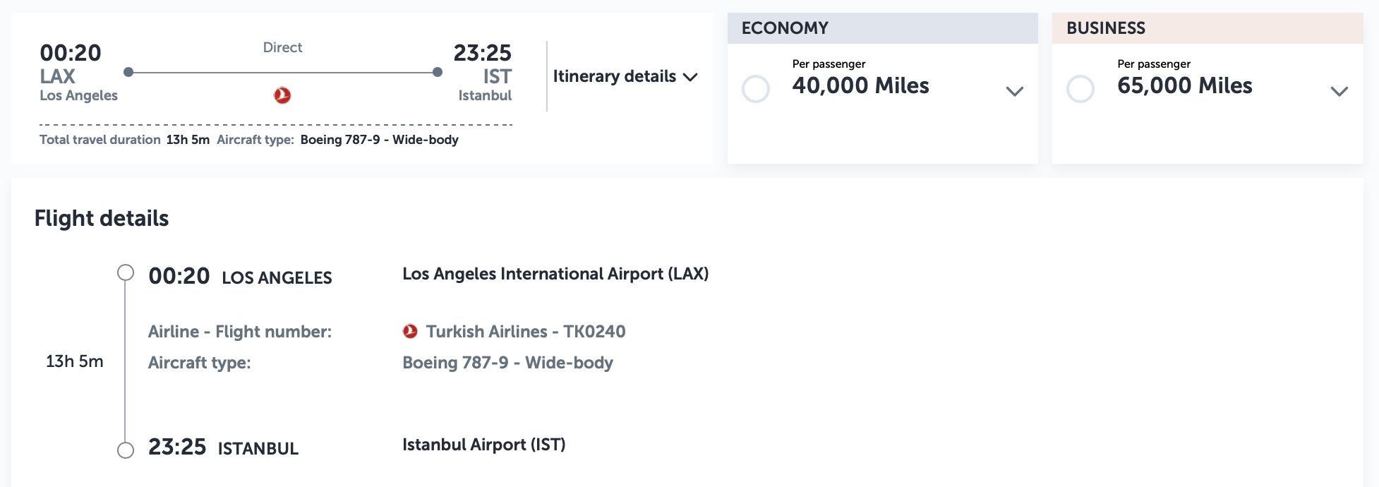 Screenshot of a business promotion award ticket from LAX to IST