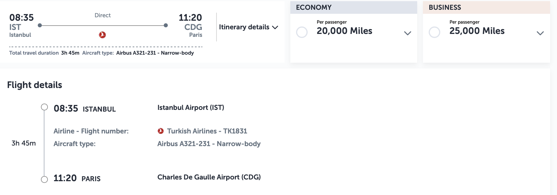 Screenshot of a flight from IST to CDG using miles