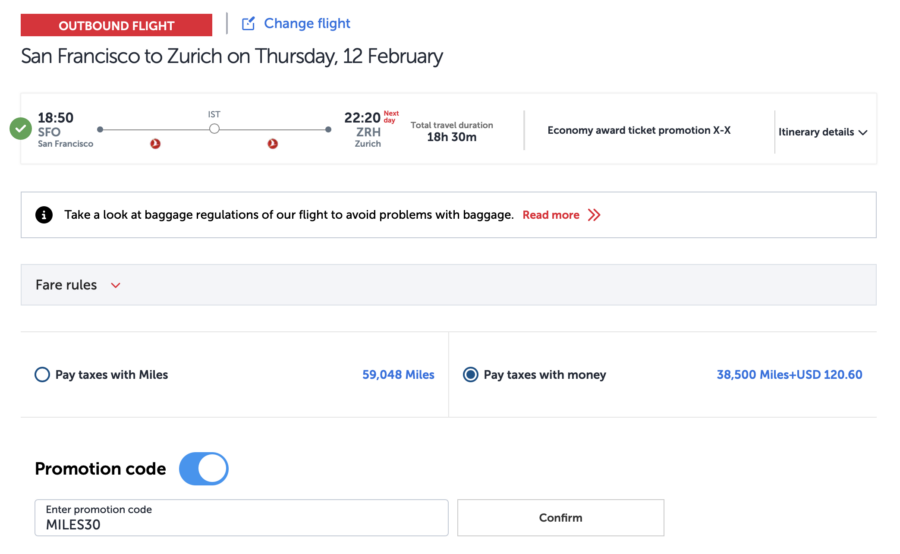 Flight from SFO to ZRH using promo code MILES30