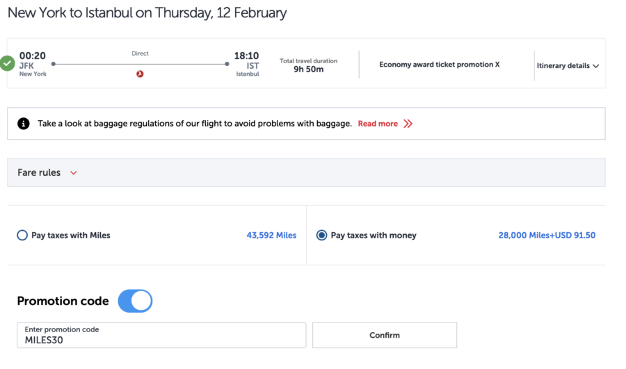 JFK to IST using promo code MILES30