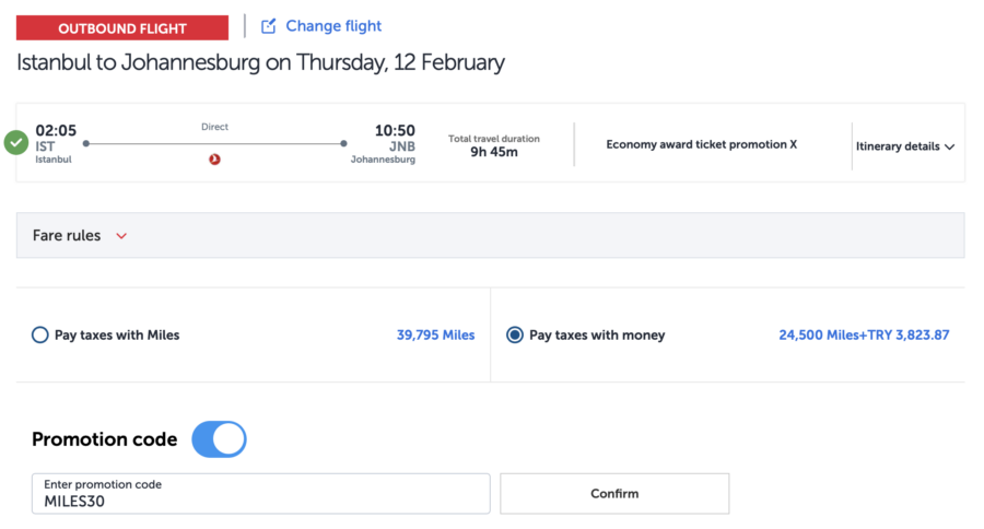 IST to JNB using promo code MILES30