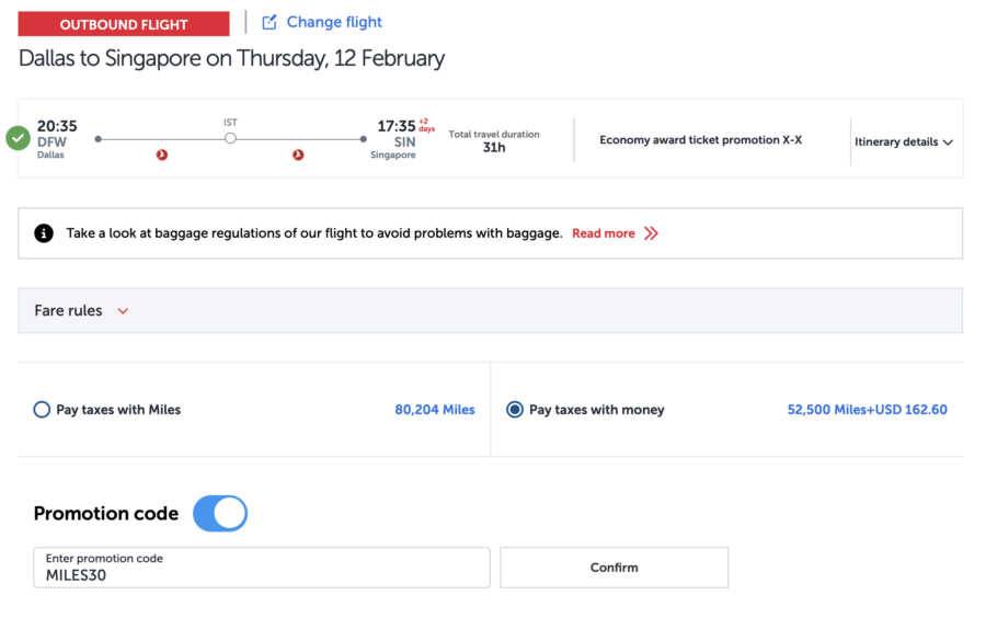 DFW to SIN using promo code MILES30