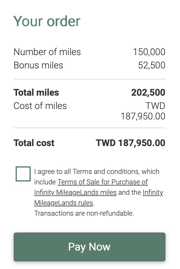 Buy 202,500 EVA Infinity MileageLands miles for 187,950 Taiwan Dollars after 35% bonus