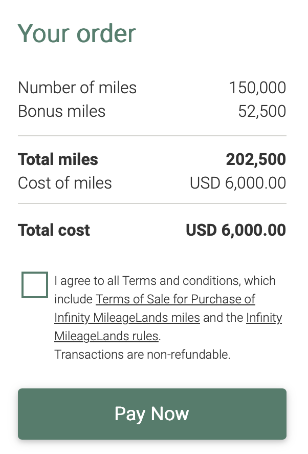 Buy 202,500 EVA Infinity MileageLands miles for $6,000 USD after 35% bonus