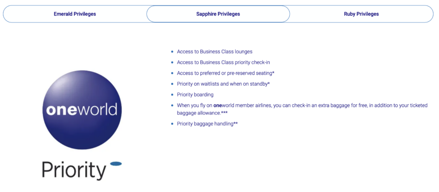 Oneworld Sapphire benefits. 