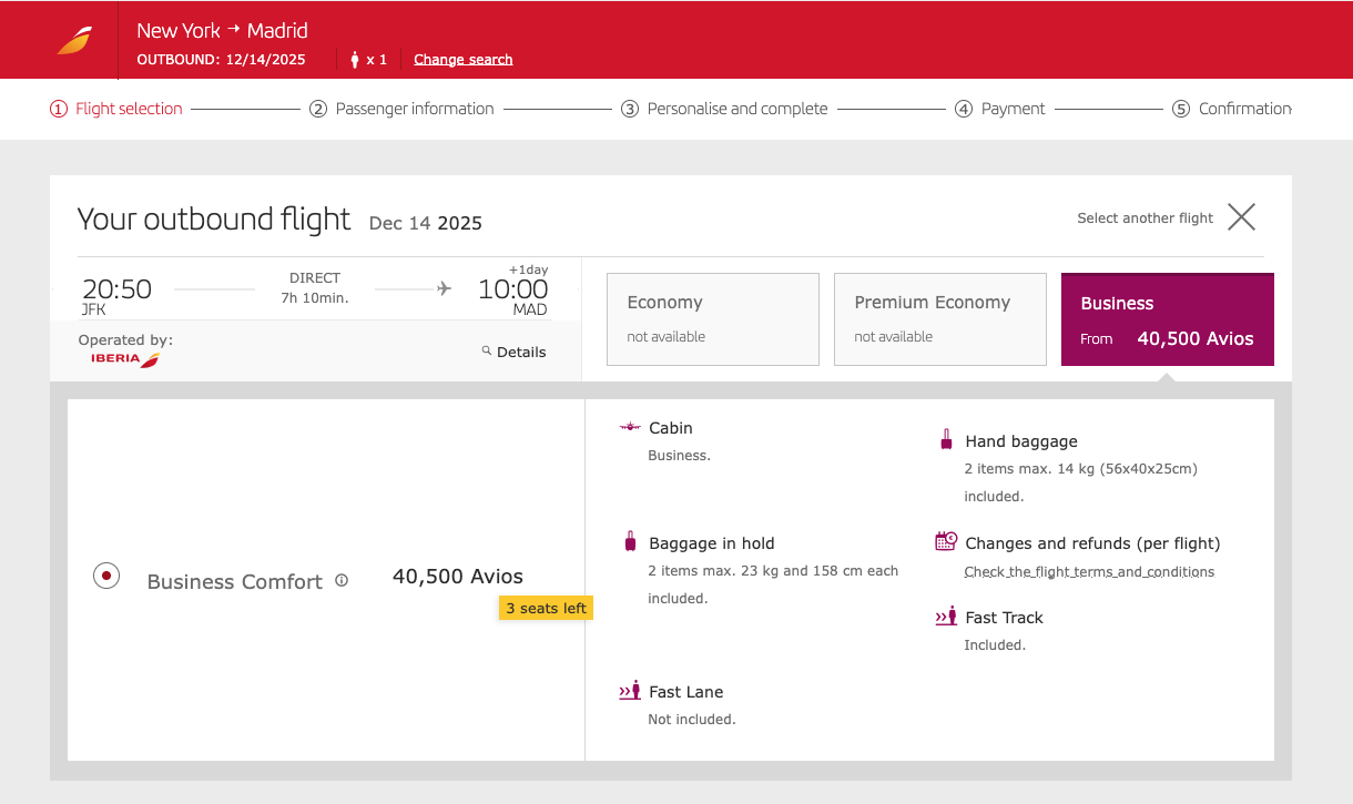 A screenshot showing an Avios award flight operated by Iberia from New York to Madrid for 40,500 Avios plus taxes and fees