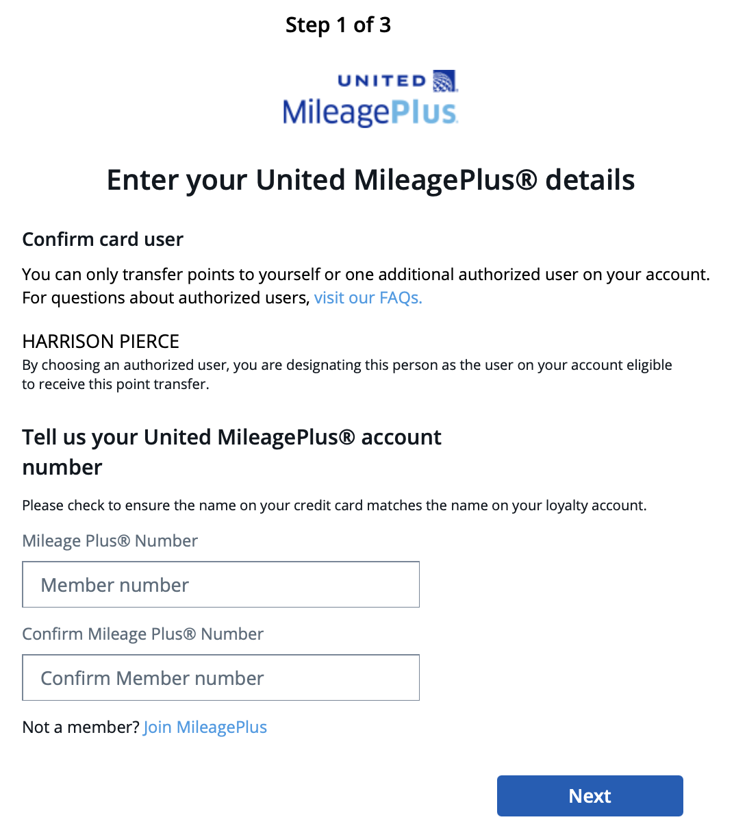 The third step is entering your MileagePlus number to link your United account with Chase.