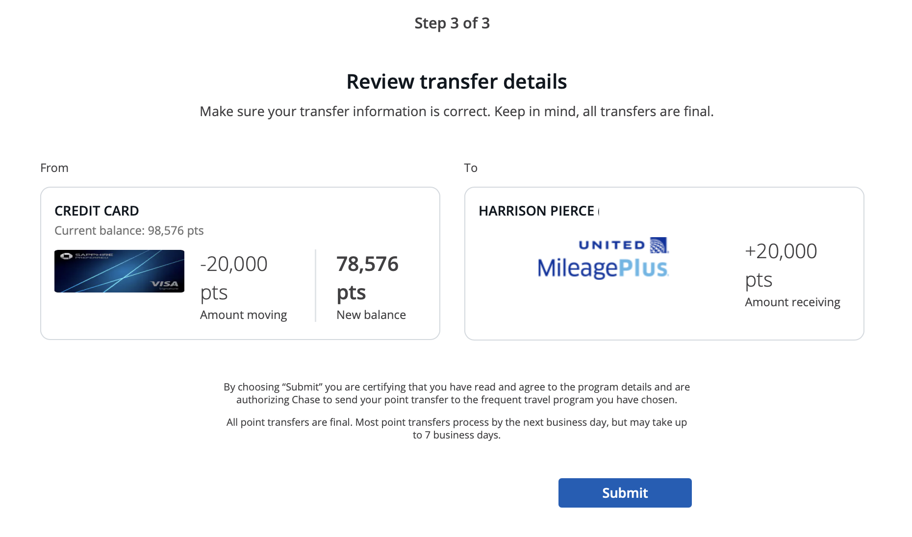 The last step of the transfer process is clicking "Submit." 